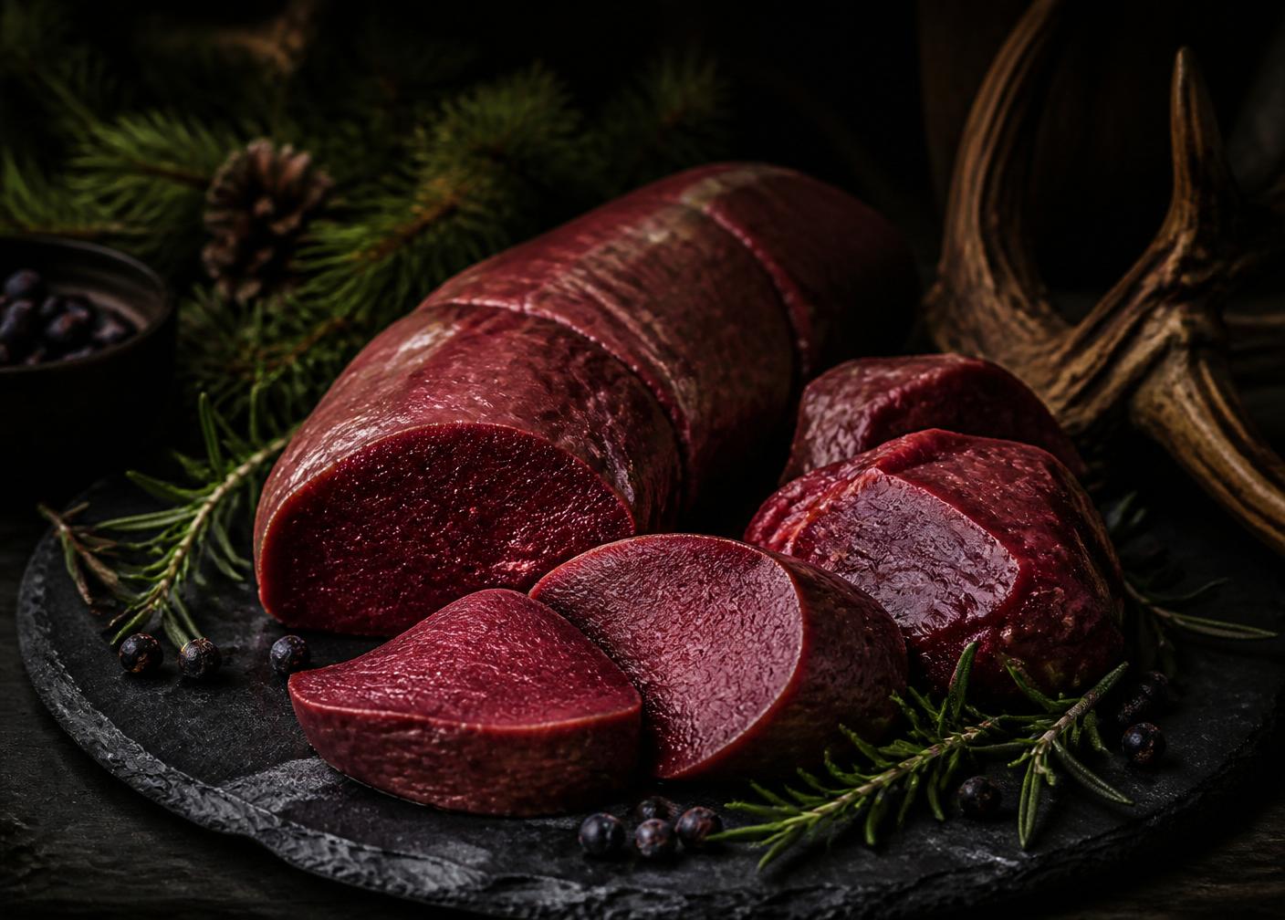 Edles Wildfleisch auf Schiefer mit Rosmarin und Wacholder